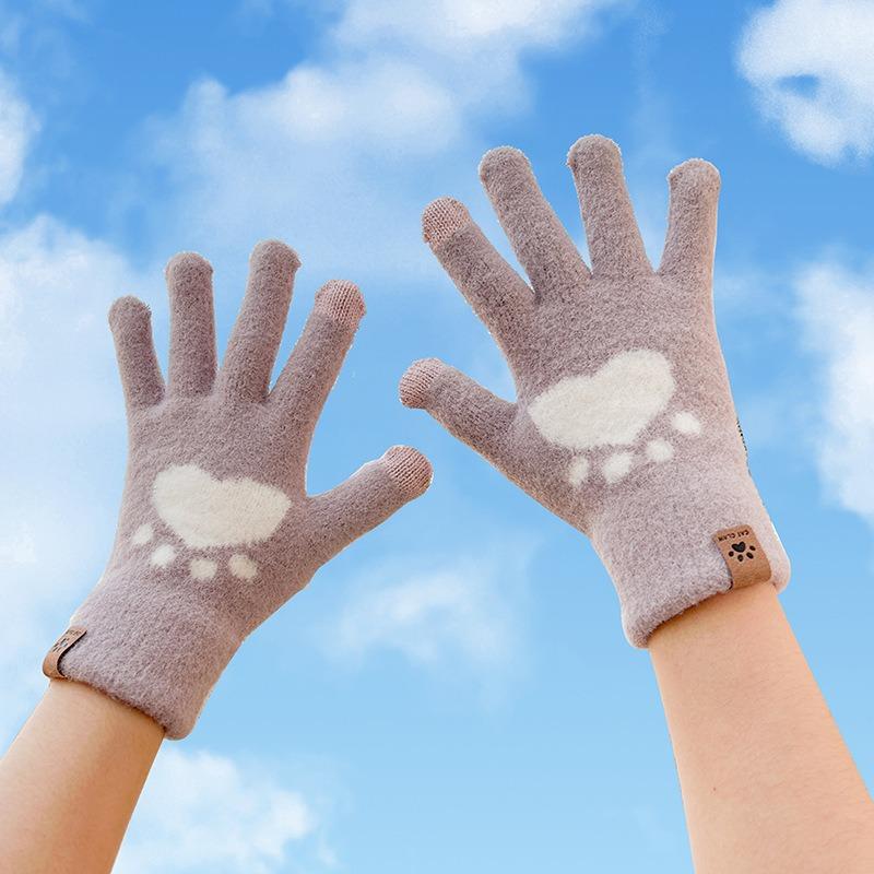 Winter Gloves Winter Warm Cute Lady Smiley Face Plush Thickened Knitted Wool Plush Gloves