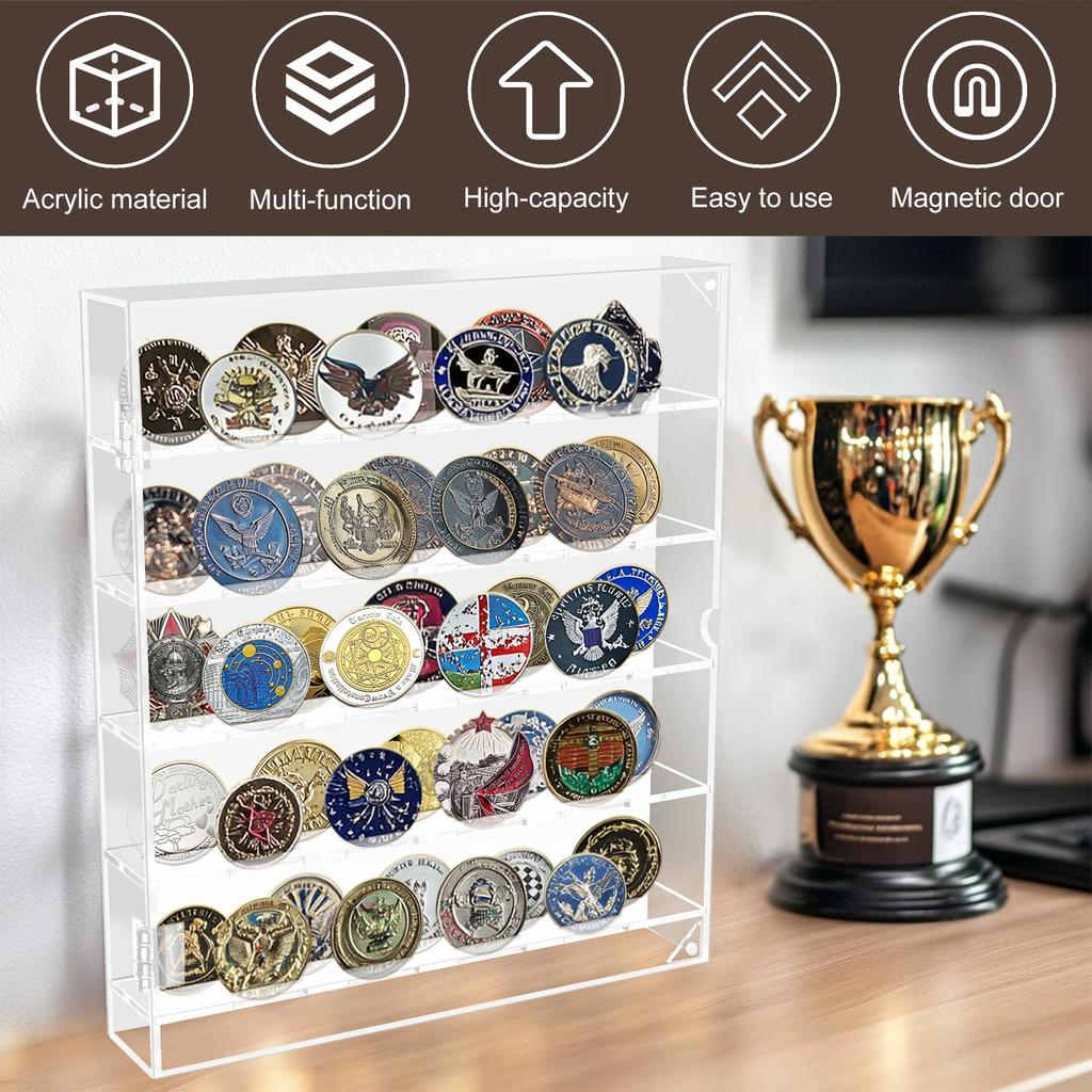5-stöckige Acryl-Münzdisplay-Box, große Kapazität, Challenge-Münz-Vitrine, Halter, Klarer Acryl-Abzeichen-Organizer, Medaillen-Display, NEU