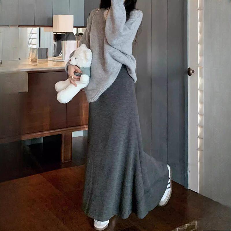 

Grey High-End Women s High-Waisted A-Line Mermaid Half Skirt Elastic Waist Slim-Fit Elegant Style for Spring Autumn Winter S