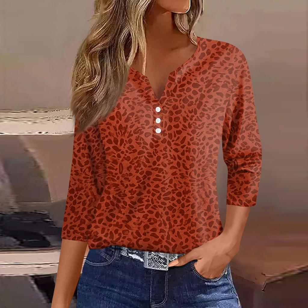 Women's Casual V-Neck Leopard Print 3/4 Sleeve Button T-Shirt Top