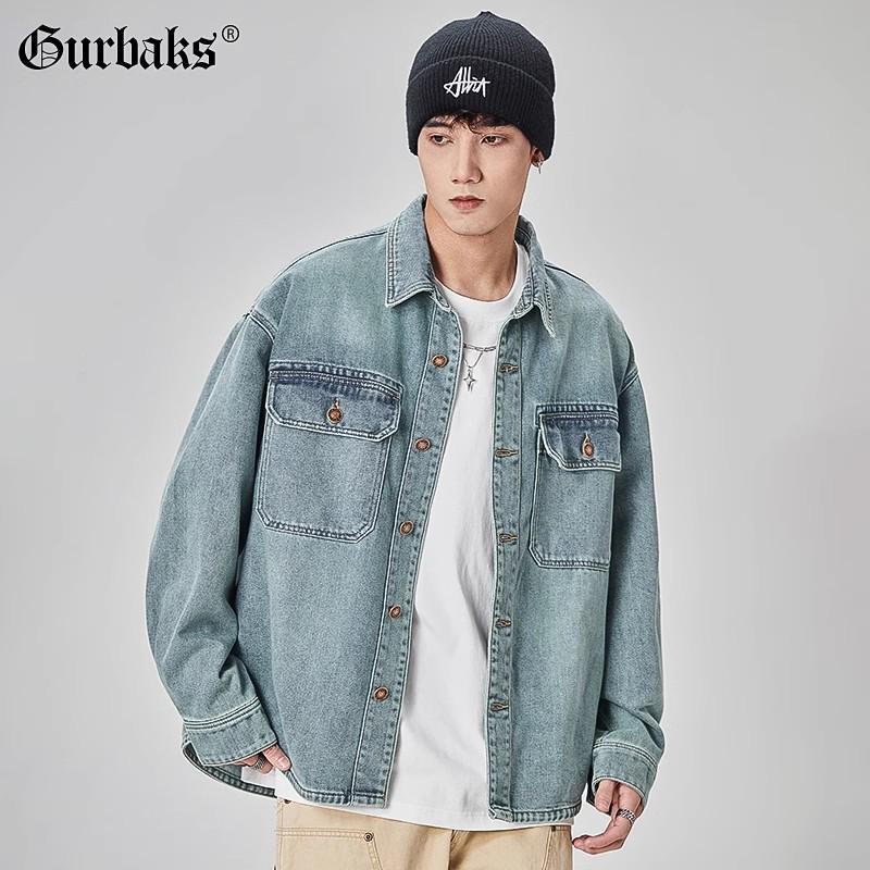 

GURBAKS Men s Light Blue Denim Shirt Jacket - Trendy, Loose-Fit Workwear for Spring and Autumn XXL небесно-голубой