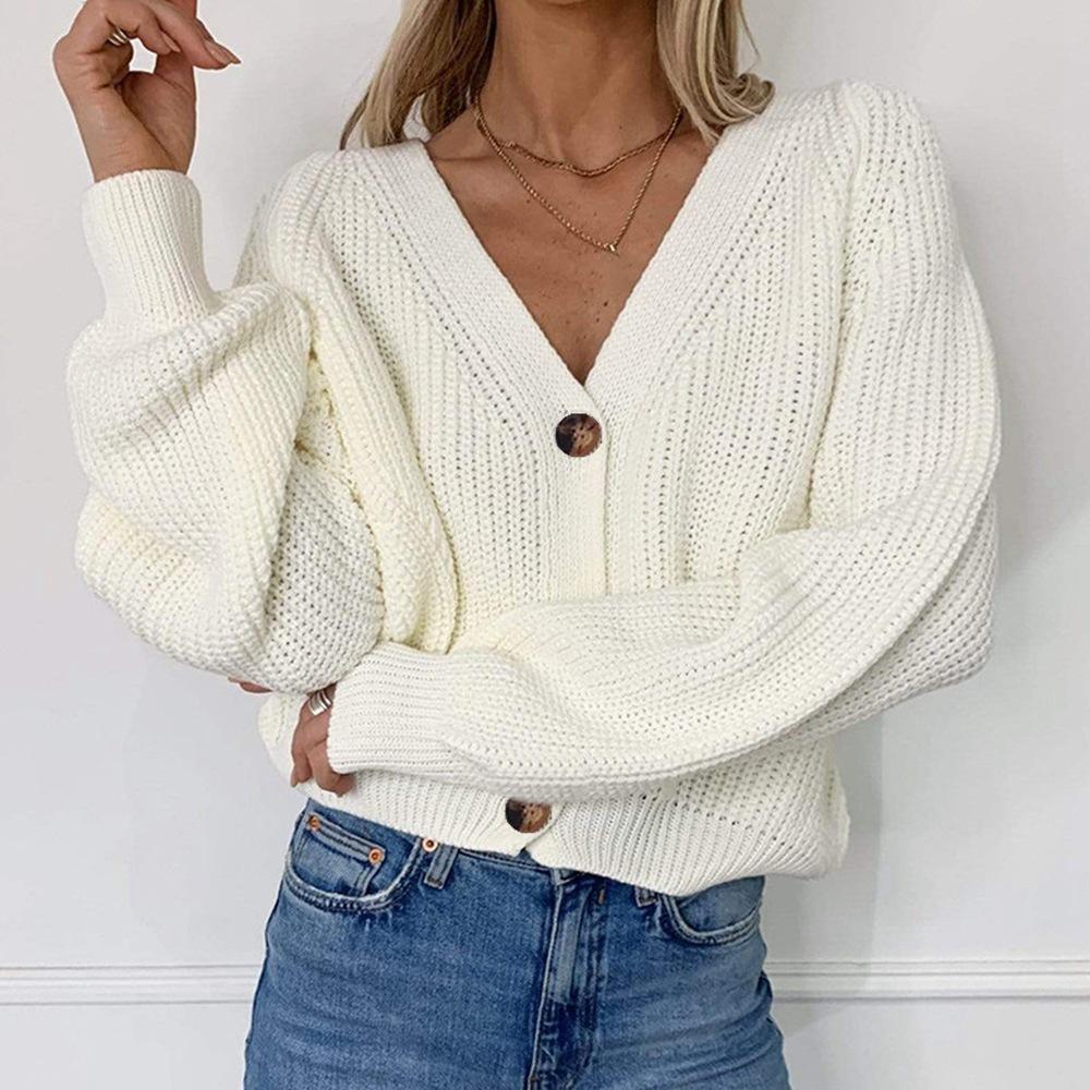 

Europe, America, autumn and winter new V-neck casual knitted cardigan loose lazy solid color sweater jacket women 411-116 (average size) білий