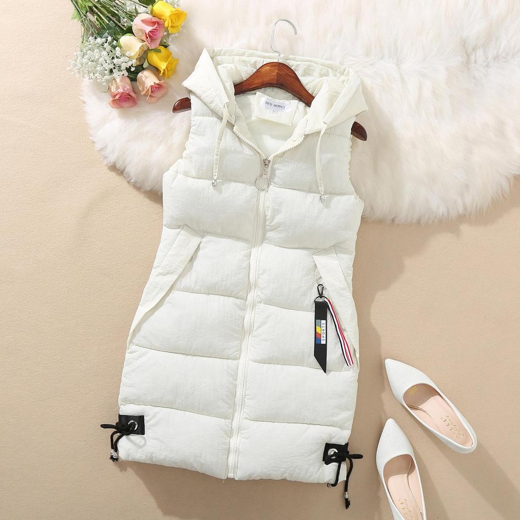 Gilet da donna invernale taglia forte caldo casual colore unito ampio piumino cappotto senza maniche con cappuccio cardigan di media lunghezza