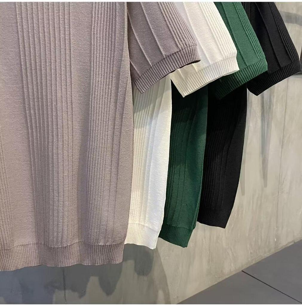 Męski letni T-shirt z dzianiny z krótkim rękawem, dopasowany krój slim fit, okrągły dekolt z lodowego jedwabiu