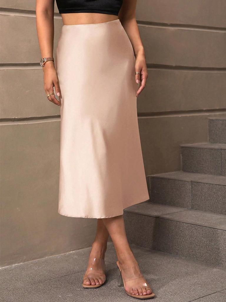 European & American Style Satin Midi Skirt - Spring/Summer 2025 - Elegant A-Line Polyester Skirt