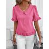 Women S Short Sleeve Blouse Doll Collar Pleated Solid Color Casual Top