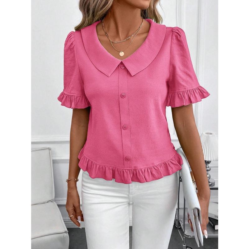 Women S Short Sleeve Blouse Doll Collar Pleated Solid Color Casual Top