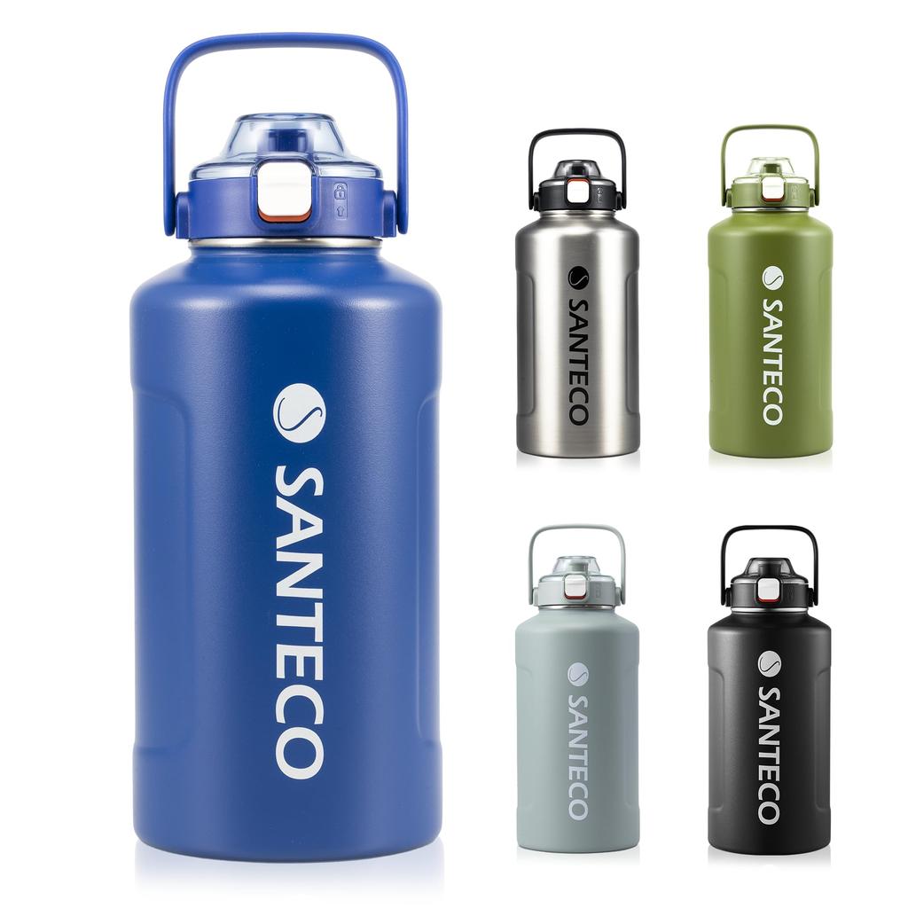 SANTECO Vacuum Insulated Stainless Steel Water Large with for Direct Blue Bottle, 1900ml, Capacity, Straw, Drinking,