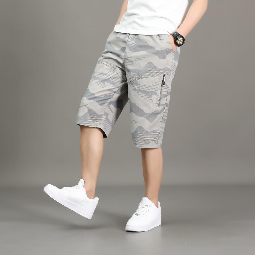 Men's Cargo Shorts Casual Summer Shorts Cotton Camouflage Print Elastic Waistband Loose Fit Lightweight Breathable Short Pants