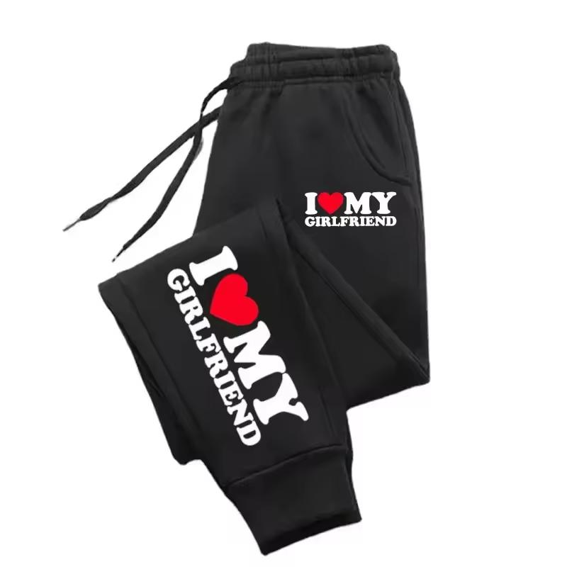 I Love My Boyfriend and Girlfriend Print Pants Woman Man Couple Sweatpants Loose Casual Warm Pants Pocket Drawstring Sportswear