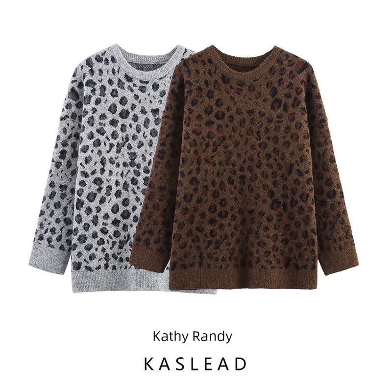Kaslead New Women clothes Western Style Leopard Print Jacquard round Neck Loose Pullover Knit sweater Sweater