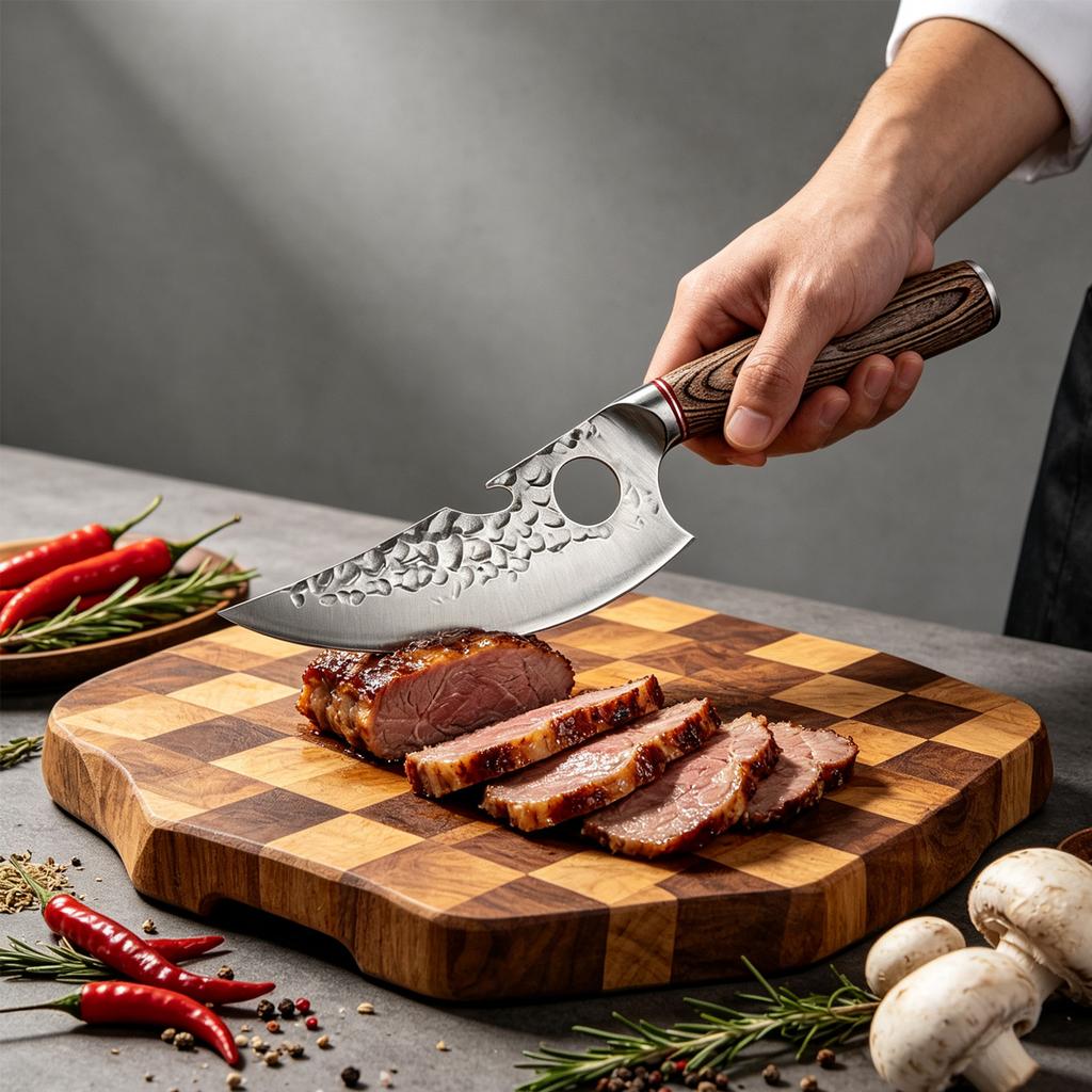 Hand Forged Kitchen Prep Knife Hammered Texture Steel Blade Ergonomic Wooden Handle Household Cooking Knife for Daily Meat and Food Preparation