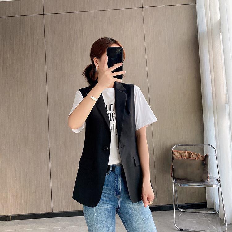 Elegante Fashionável Minimalista Estiloso Roupa Exterior Feminina Tendência Estilo Coreano Blazer Conjunto Colete Fibra de Poliéster