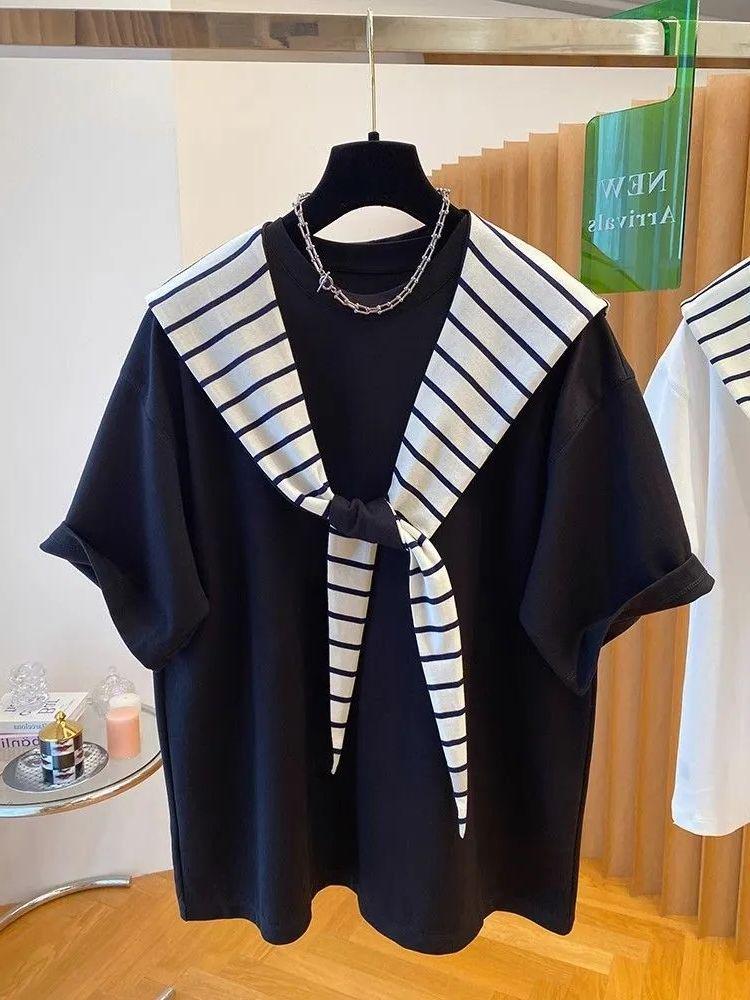 2025 Unisex Plus Size Striped Hooded Color Block Short Sleeve T-Shirt