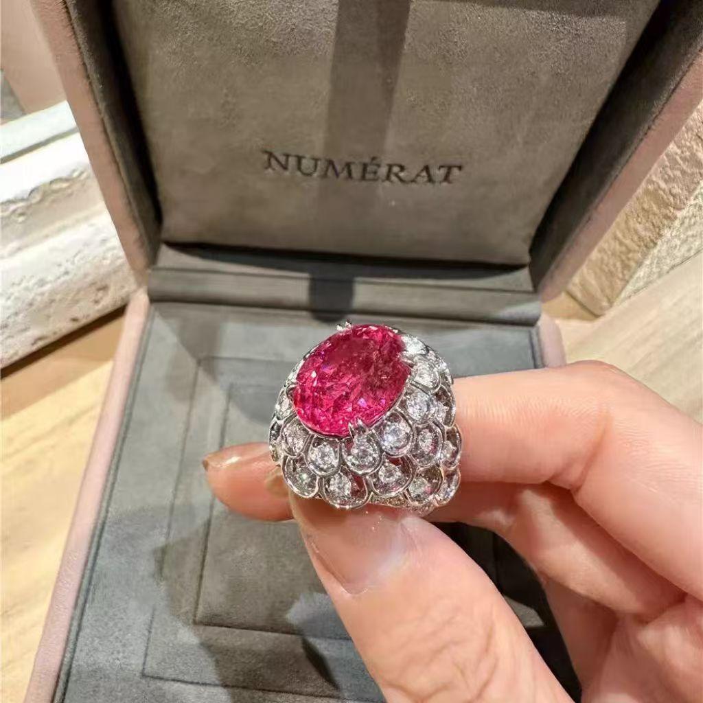 Rose Red Pigeon Egg Full Diamond Ring Women s Light Luxury High-end Heavy Industry Open Ring Retro Ring