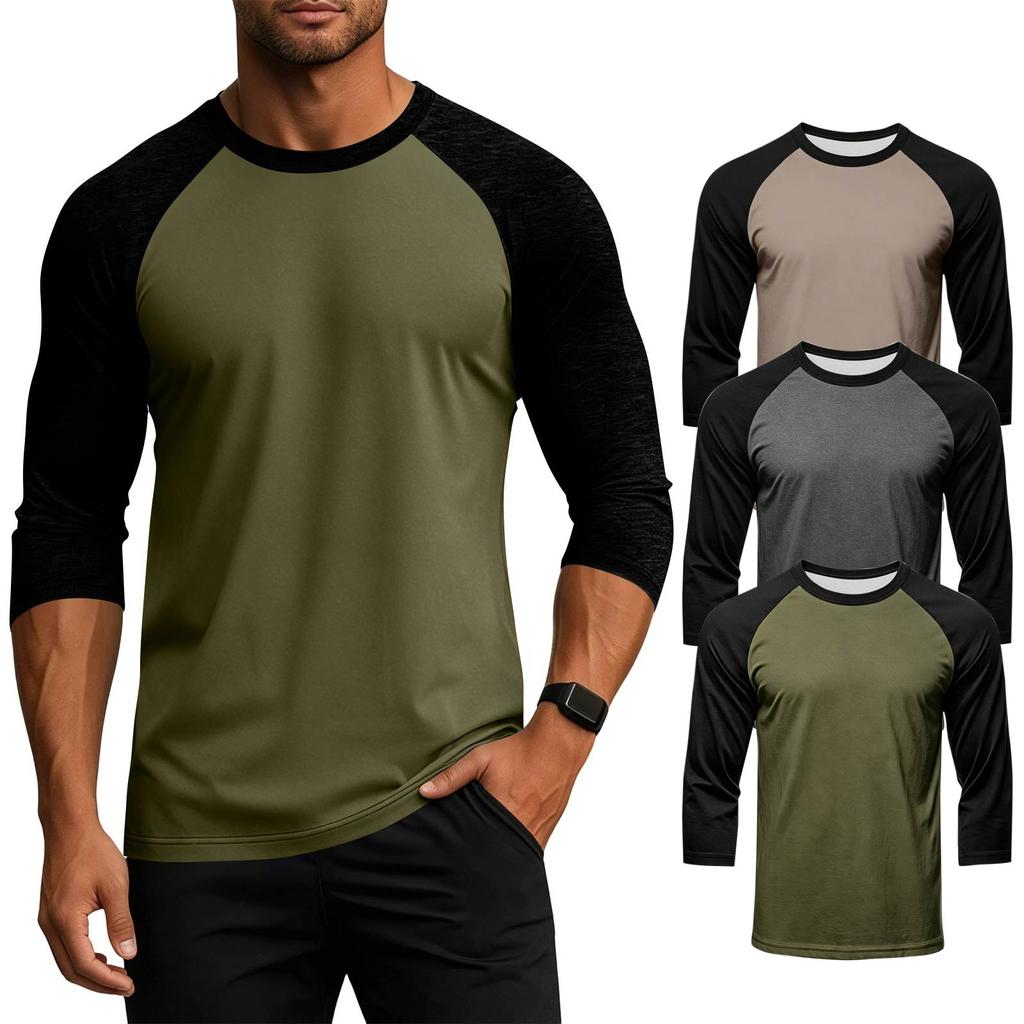 Men's Colorblock Raglan Sleeve Athletic Shirt Three Piece Set Lightweight Stretchy Sport Top for Training Running Casual Wear