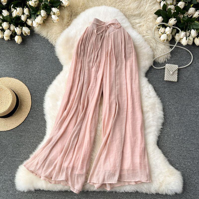

Draping Effect Thin High Waist Covered Chiffon Loose Culotte Pink L