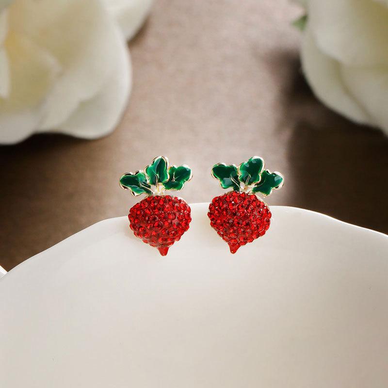 Temperament Red Zircon Strawberry Earrings for Women Shiny Rhinestone Cherry Flower Earrings Delicate Party Wedding Jewelry