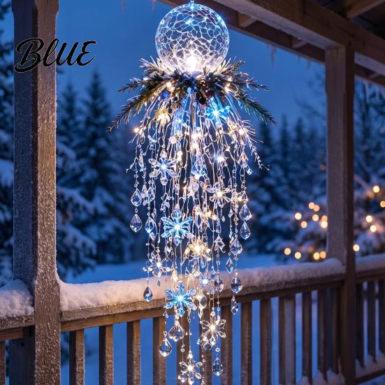 Santa Claus Snowman Decor Crystal Waterfall Christmas Lights, LED Warm White Pendant Festive Yard Decoration Light with Snowflake Droplets,
