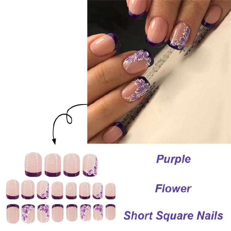 24 Pcs Short Square Acrylic Nail Flowers Full Cover Stick On Nail French Tip Press On Nail Simple False Nail