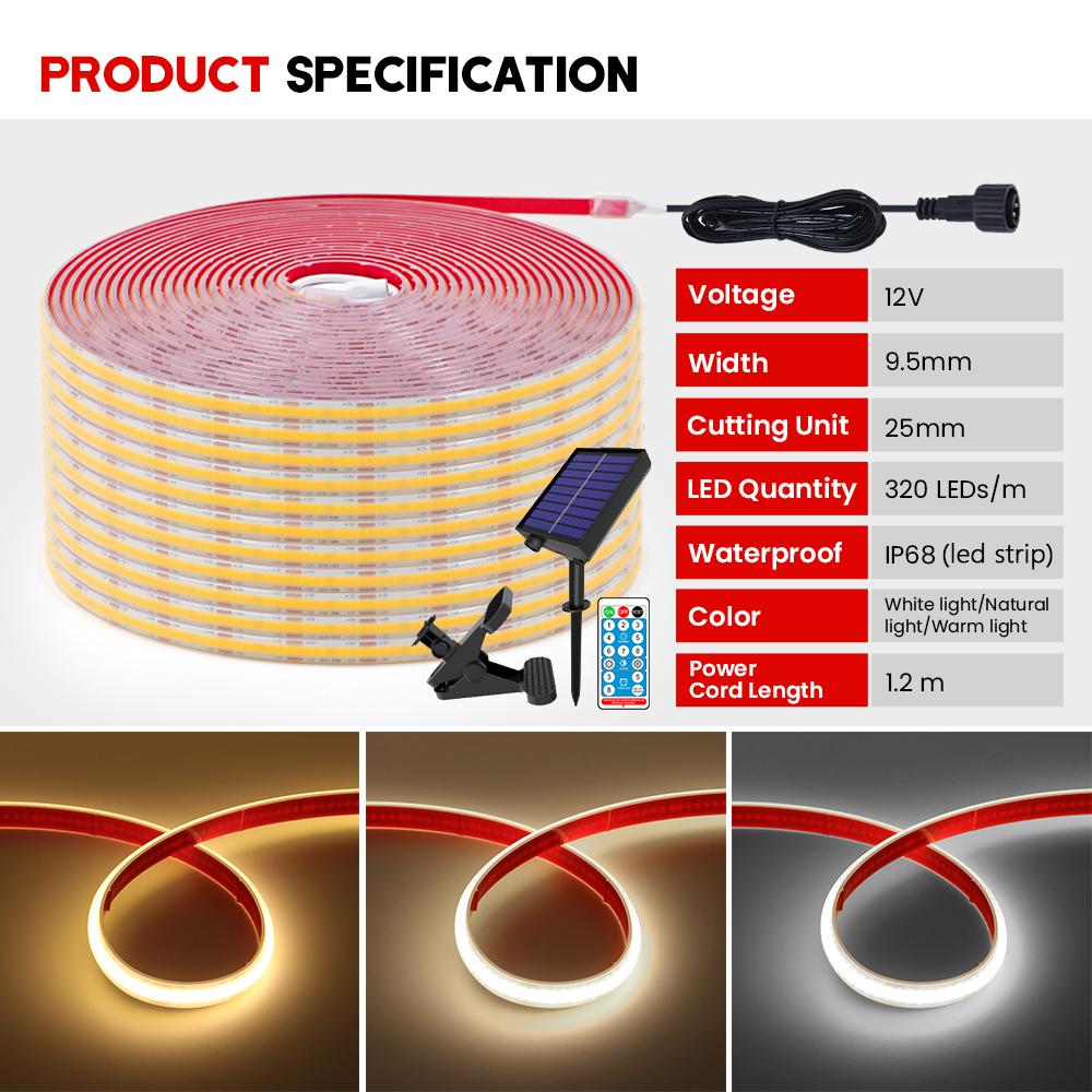 12V COB Solar Light Strip 320 LEDs IP68 Waterproof Flexible Linear Tape Light Warm Natural White With Remote Control And Adhesive Backing