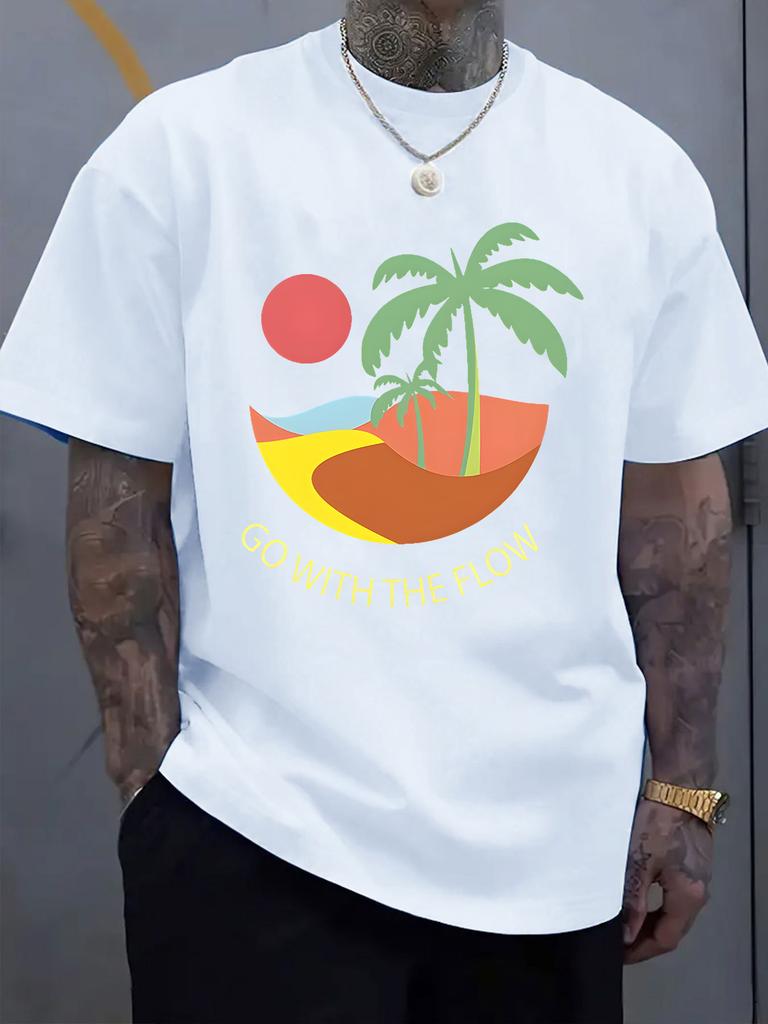 Unisex Vintage Beach Palm Tree Sunset Slogan Print Crew Neck Short Sleeve Oversized Loose Casual Summer Streetwear Basic Daily Tee