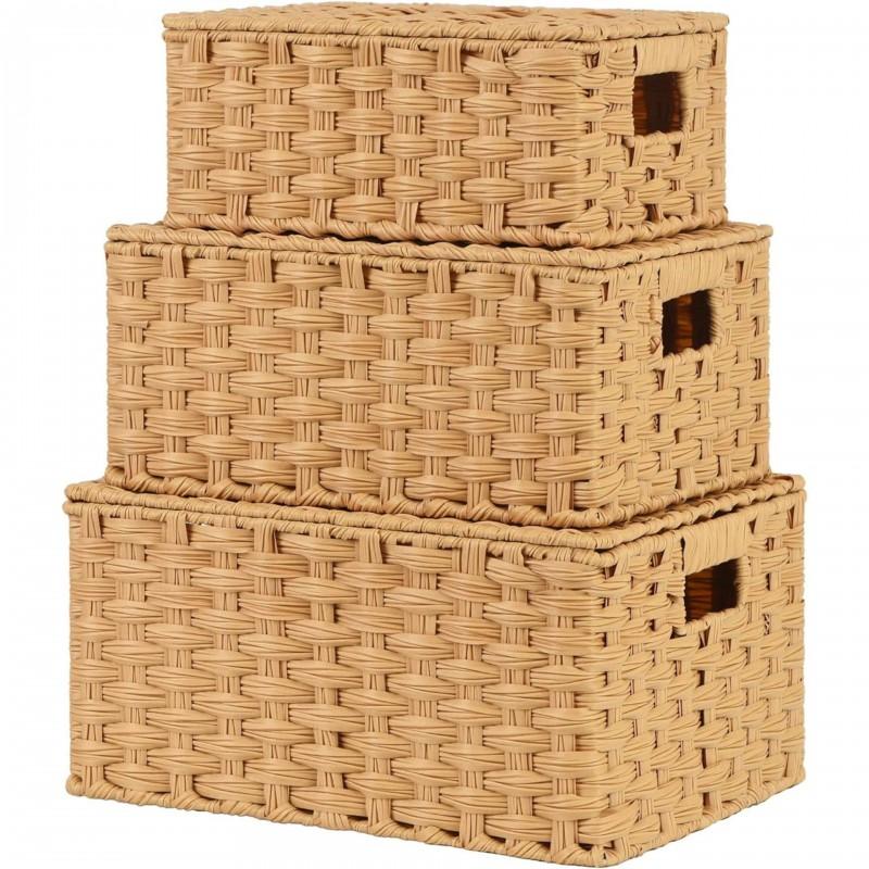 Woven Storage Basket With Lid Lock PET Material Organizer Box Clothes Toys Cosmetics Office Supplies
