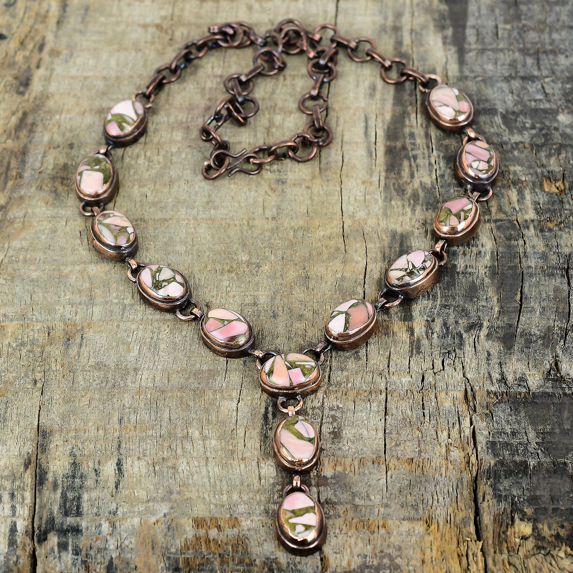 

Медное колье с розовым опалом, электроформированное медное колье, регулируемая цепочка, красивое колье с драгоценным камнем, украшения ручной работы, подарки для нее Adjustable