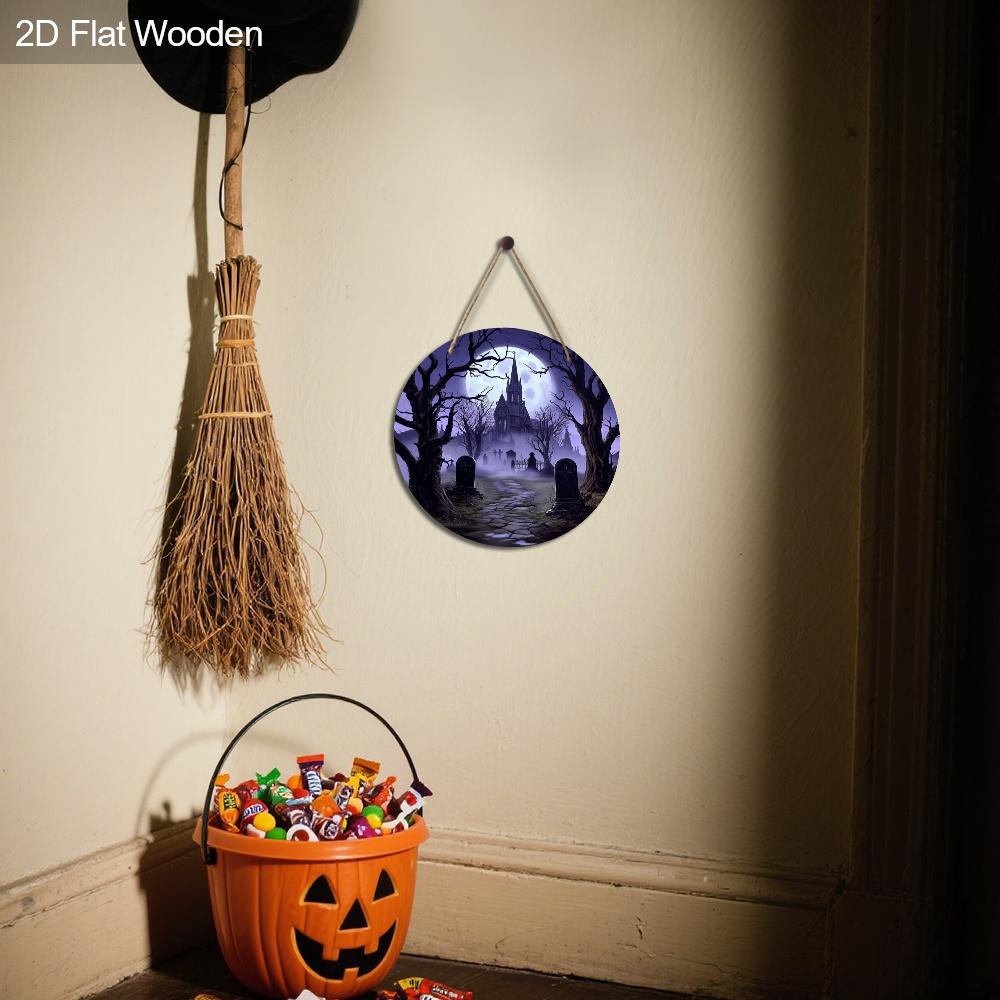 2D Flat 1pc Wooden Halloween Decorative Sign, 7.87x7.87 Inches Church Graveyard Moonlight Night Scene Halloween Decor, Yard Door Porch Window Wall