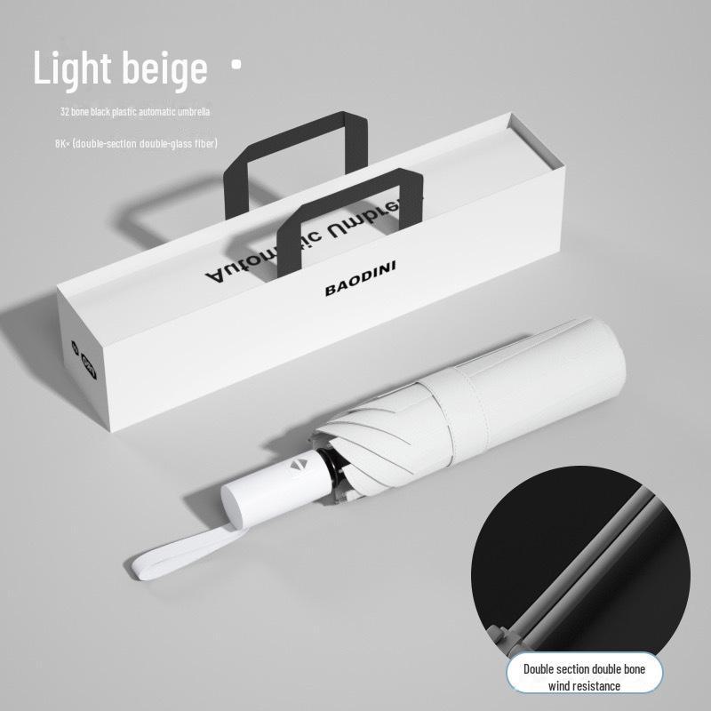 Schwarzer automatischer Sonnen- und Regenschirm mit 32 Knochen – kompakter Sonnenschirm mit doppeltem Verwendungszweck für Damen, ideales Geschäftsgeschenk