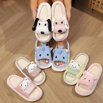 Fashion Women's Slippers Four Seasons Linen Slippers Animal Cartoon Home Thick Sole Non-slip Absorbant Sweat Wear Comfort Cotton Shoes