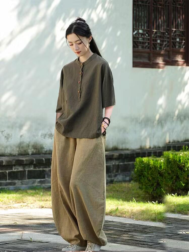 Women's Cotton Linen Zen Meditation Suit with Frog Button Shirt