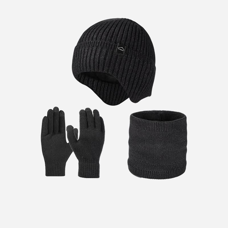 Autumn Winter Warm Suit Men's Velvet Thick Ear Protection Knitted Hat Scarf Gloves Three-Piece Hat Set