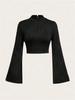 Women Textured Mock Neck Flare Long Sleeve Crop Top Elegant Preppy Style Y2K Rib Knit Slim T Shirt Blouse