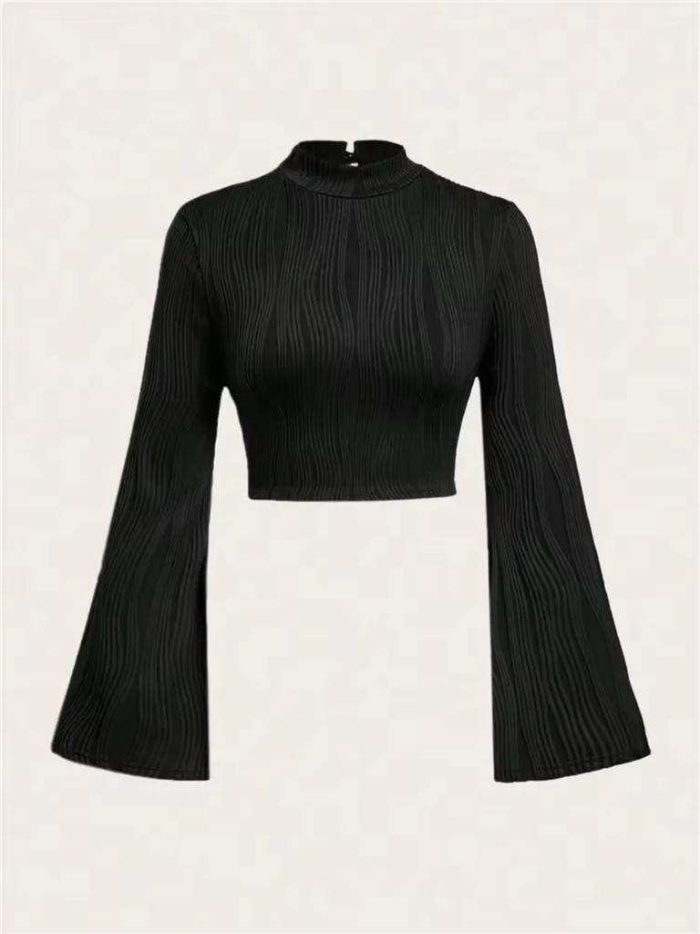 Women Textured Mock Neck Flare Long Sleeve Crop Top Elegant Preppy Style Y2K Rib Knit Slim T Shirt Blouse