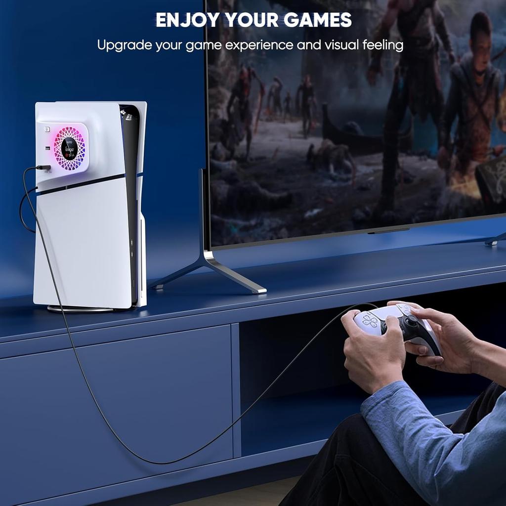 RGB-Lüfter mit Plattenabdeckung für PS5 Slim Digital/Disc, Automatische Geschwindigkeitsanpassung durch Temperatursensor, 3 Lüftergeschwindigkeiten manuell & USB3.0-Hubs, Kühlsystem