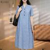 Women Casual Button Round Neck Short Sleeve Plaid Print Dress