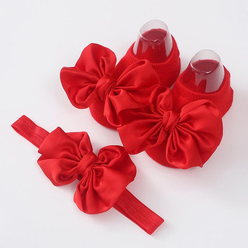 2Pcs Baby Bow Headband Socks Set Toddler Girls Solid Color Bowknot Elastic Hairband Turban Soft Anti-Slip Socks Kids Accessories