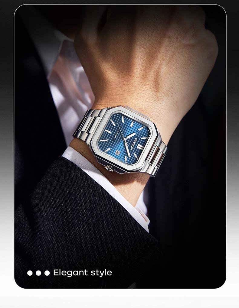 Sanda Herren Quadratische Mechanische Uhr, Schlichtes Design, Kalender, Wasserdicht, Massives Stahlarmband, Business-Stil