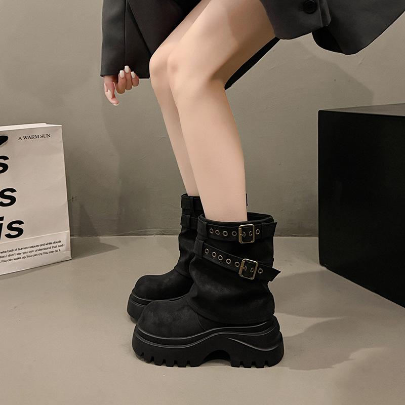 Maillard mid-tube cowboy knight boots women's 2025 autumn new small thick-soled heightened trousers Martin boots