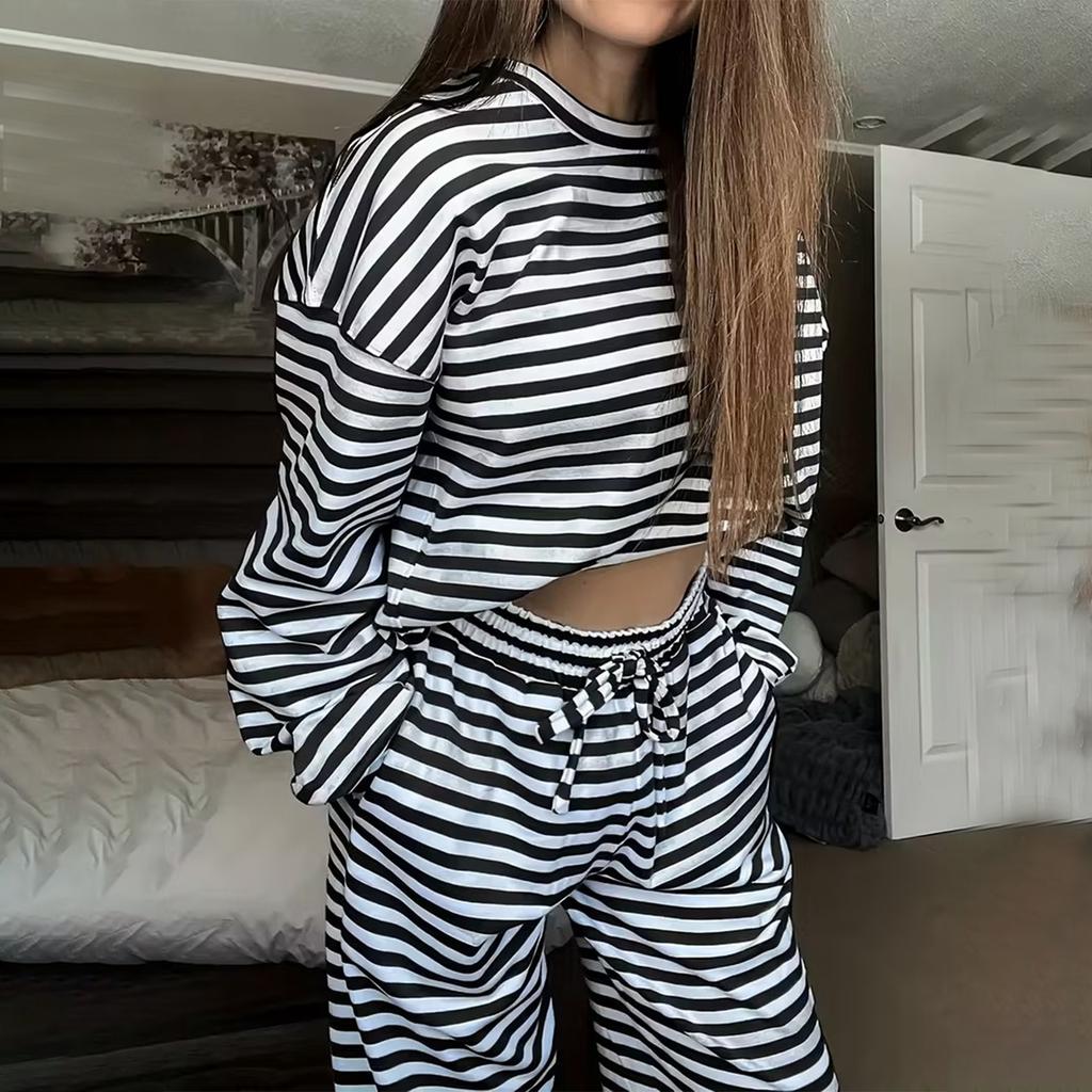Women's Striped Long-Sleeve Top & High-Waisted Pants Fashion Casual Set