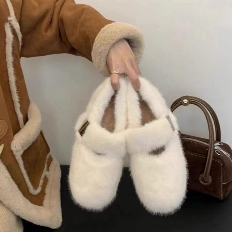 

2024 new winter flat Mary Jane fluffy shoes for women, velvet and thickened one-pedal Doudou cotton shoes 35 хаки