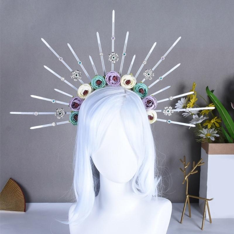 Elegant Rose Flower Hair Hoop Adjustable Size Sunbursts Headband with Rhinestones Comfortable Hairband Party Ornament