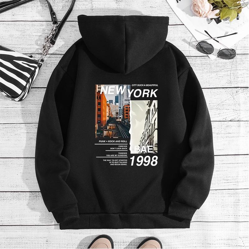 Autumn And Winter Sweater Shoulder Sleeves New York City Print Hooded Fleece Sweater Women'S Top