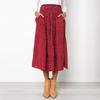 Women High Waist Linen Pleated Skirt Polka Dot Mid Calf Elastic Waist Spring Summer Autumn Casual Skirt Black Brown Green Red S XL