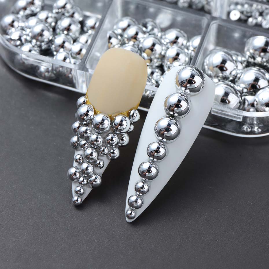 Xiaomi 6 Grids Mixed Size Golden Silvery Semicircle Pearls Nail Art Charms Punk Gothic Design Japanese Nail Art Decoration Nail Supplie
