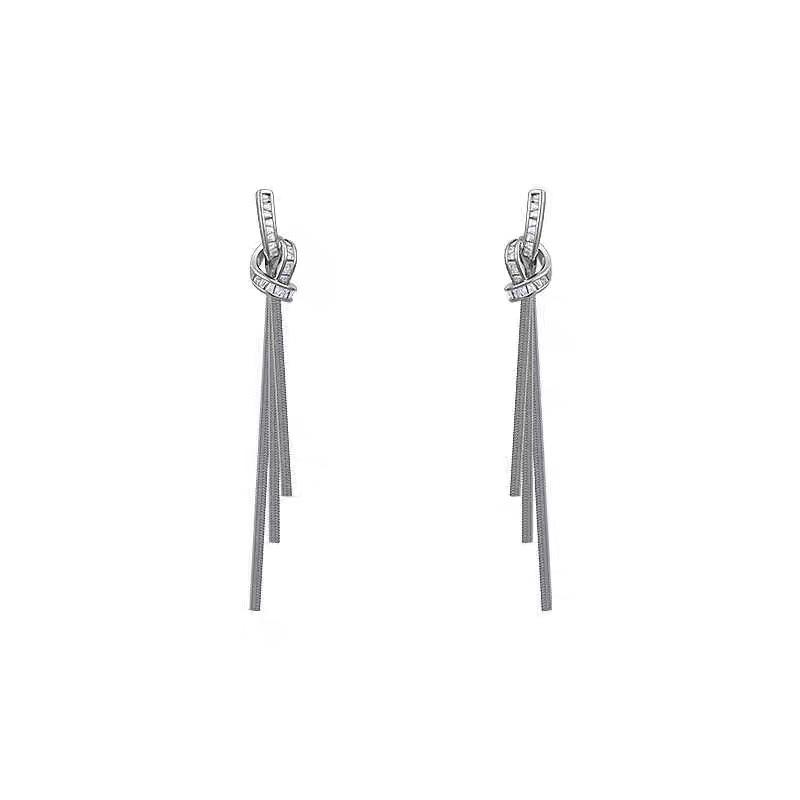 Light luxury zircon knot ear clips without ear piercings Exaggerated long fringed earrings High-end fashion temperament Mosquito coil ears