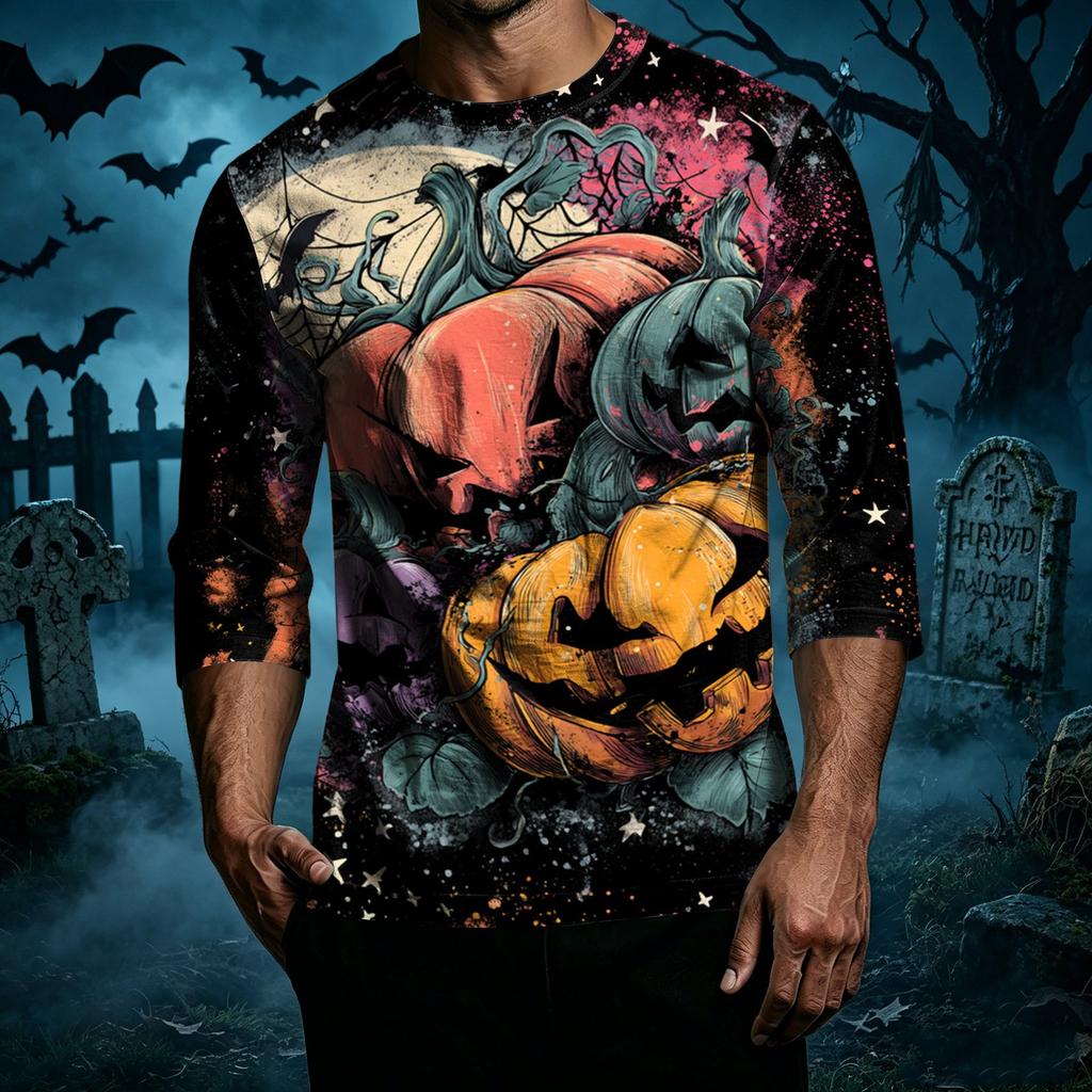 Men Casual Halloween Print Crew Neck T Shirt Three Quarter Sleeve Relaxed Fit Top Suitable for Everyday Wear and Seasonal Events