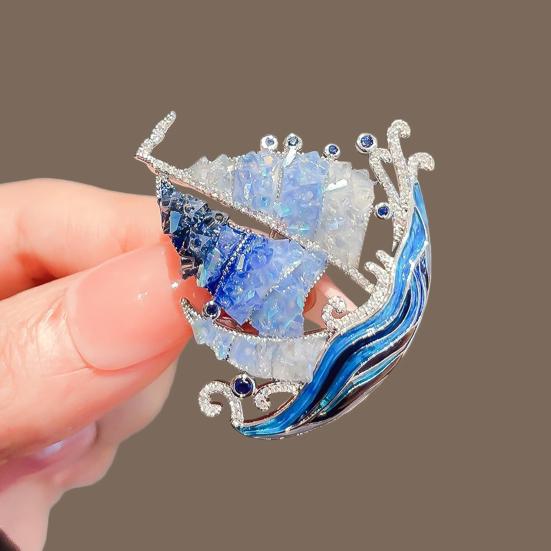 Brooch Pin Sailing Boat Design Brooch with Blue Enamel Waves And Faux Crystal