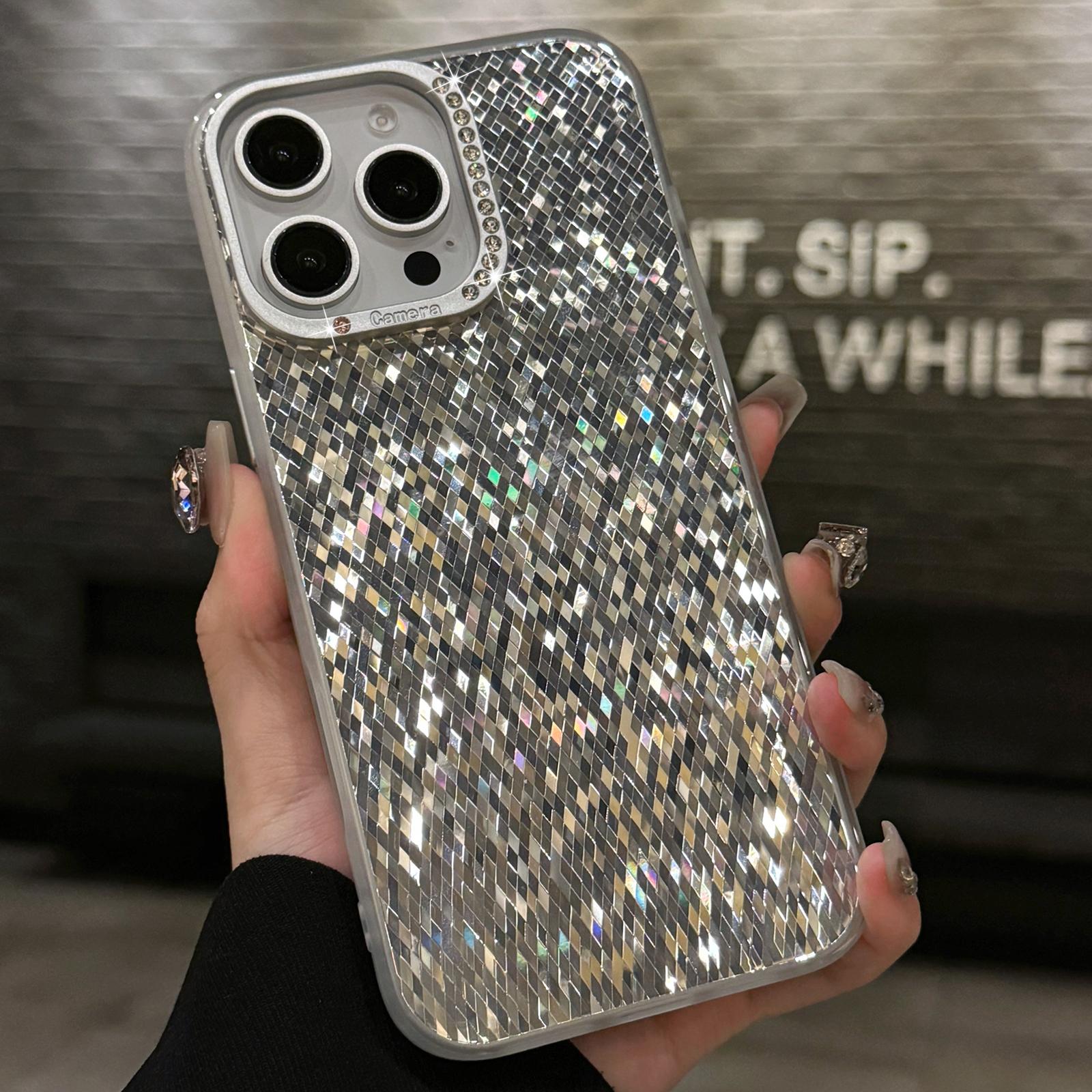 

For iPhone 16 Pro Max Case IMD Rhombus Sparkling PC+TPU Phone Cover Silver